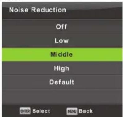 Noise Reduction Off Low Middle High Default ENTER Select MENU Back