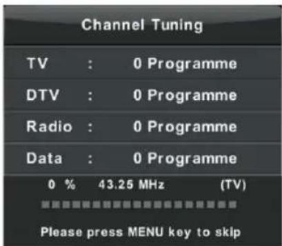 Channel Tuning TV : 0 Programme DTV : 0 Programme Radio : 0 Programme Data : 0 Programme 0 % 43.25 MHz (TV) Please press MENU key to skip