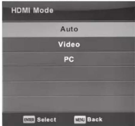 HDMI Mode Auto Video PC ENTER Select MENU Back