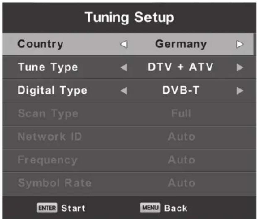 Tuning Setup Country Germany Tune Type DTV + ATV Digital Type DVB-T Scan Type Full Network ID Auto Frequency Auto Symbol Rate Auto ENTER Start MENU Back