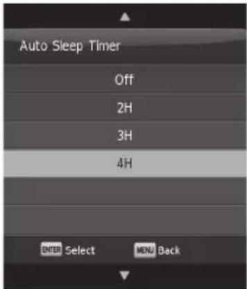 Auto Sleep Timer Off 2H 3H 4H ENTER Select MENU Back