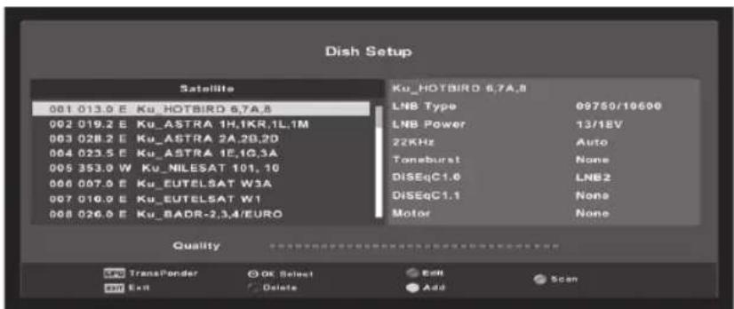 Dish Setup Satellite 081 013.0 E Ku HOTBIRD 6,7A.8 092 019.2 E Ku_ASTRA 1H,1KR,1L,1M 093 028.2 E Ku_ASTRA 2A,2B,2D 094 023.5 E Ku_ASTRA 1E,1G,3A 095 353.0 W Ku_NILESAT 101,10 096 007.0 E Ku_EUTELSAT W3A 097 010.0 E Ku_EUTELSAT W1 098 026.0 E Ku_BADR-2,3,4/EURO Ku HOTBIRD 6.7A.8 LNB Type 09750/10600 LNB Power 13/18V 22KHz Auto Toneburst None DiSEqC1.0 LNB2 DiSEqC1.1 None Motor None Quality TransPonder OK Select Edit Scan Exit Exit Delete Add Scan