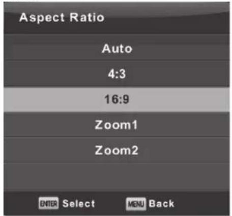 Aspect Ratio Auto 4:3 16:9 Zoom1 Zoom2 ENTER Select MENU Back
