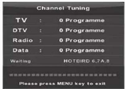 Channel Tuning TV : 0 Programme DTV : 0 Programme Radio : 0 Programme Data : 0 Programme Waiting HOTBIRD 6.7A.8 Please press MENU key to exit