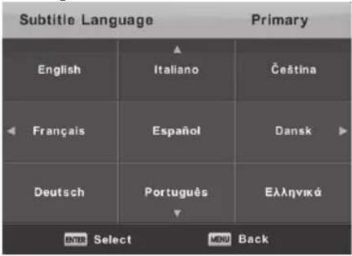 Subtitle Language Primary English Italiano Čeština Français Español Dansk Deutsch Português Ελληνικά BNTR Select MENU Back