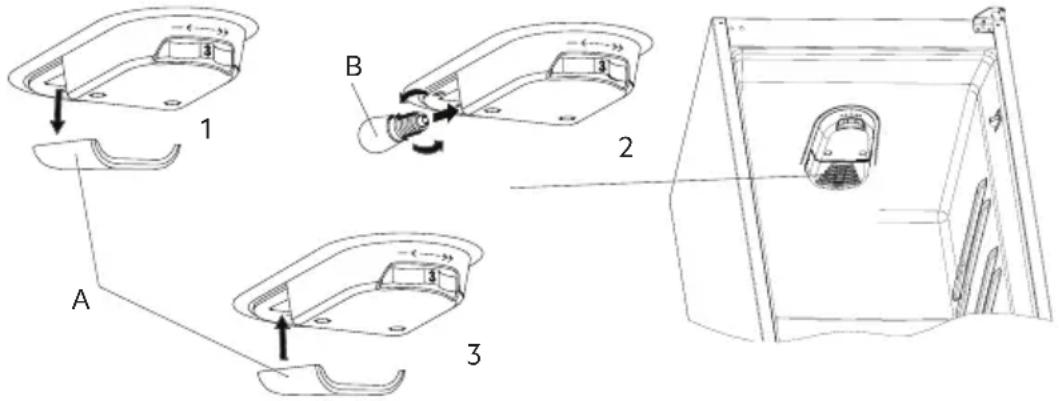 Technical diagram showing three labeled steps (A, B, 1) of a mechanical or electronic component assembly with numbered parts and directional arrows.