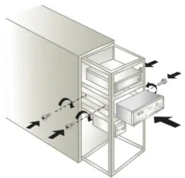 Isometric diagram of a server rack with directional arrows indicating movement or force (no text or symbols)