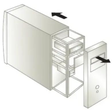 Diagram of a computer tower with internal storage compartments and an open door, showing no text or symbols.