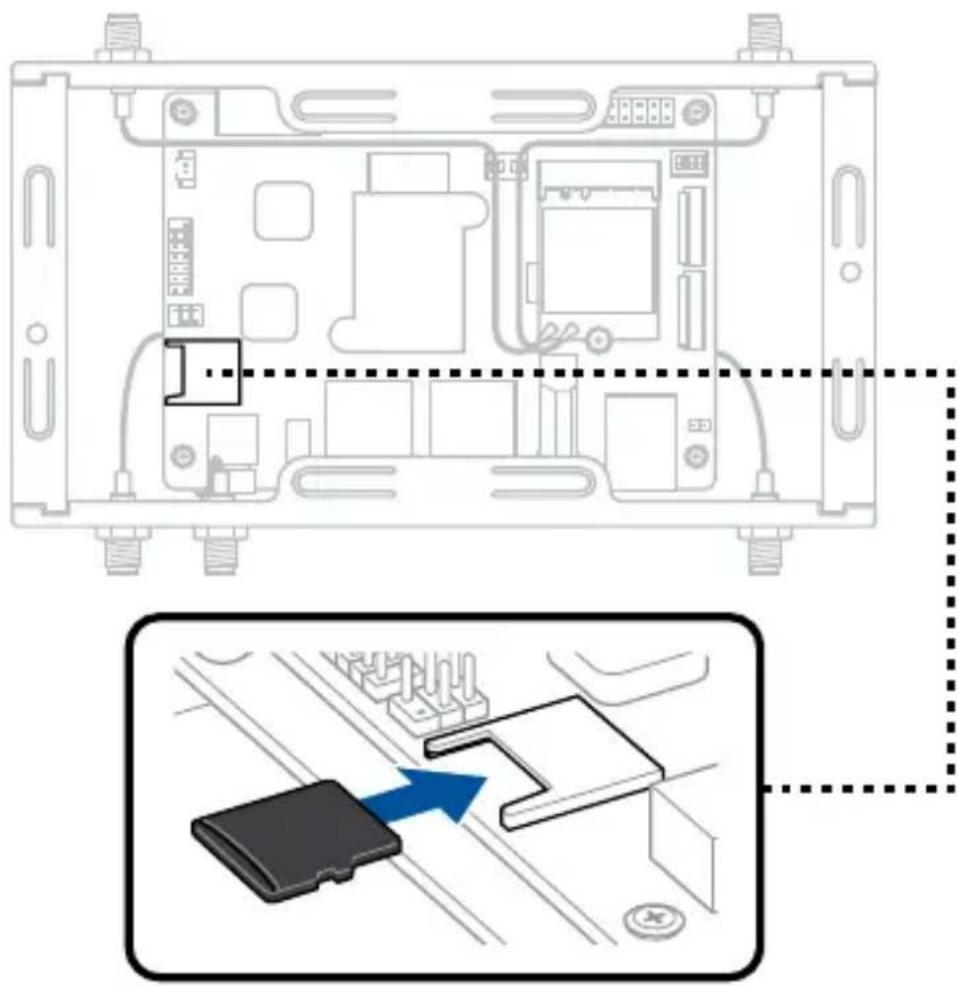 Technical diagram showing internal components of a device with a magnified view highlighting a component with blue arrow indicating direction.
