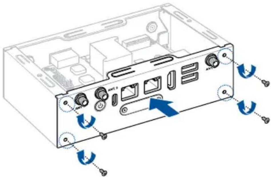Diagram of an internal computer drive casing with labeled ports and directional arrows indicating rotation or movement.