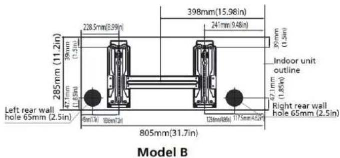 285mm (11.2in) 398mm(15.98in) 228.5mm(8.99in) 241mm(9.48in) 39mm (1.5in) Indoor unit outline 47.1mm (1.85in) Left rear wall hole 65mm (2.5in) Right rear wall hole 65mm (2.5in) 805mm(31.7in) Model B