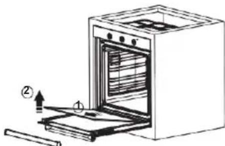 Diagram of an oven with labeled parts and directional arrows indicating assembly or installation steps