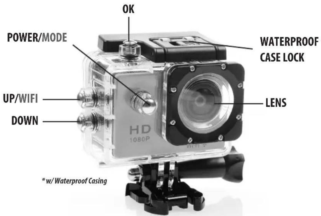 POWER/MODE OK UP/WIFI DOWN * w/ Waterproof Casing WATERPROOF CASE LOCK LENS HD 1080P WIFI * w/ Waterproof Casing