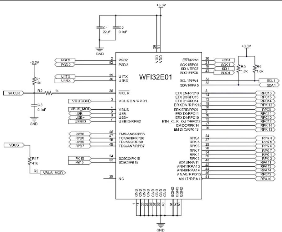 WFI32E01 +3.3V +3.3V PGC2 PGD2 U1TX U1RX R1 10k R2 1k C3 0.1uF GND VBUSON VBUS_MOD USB- USB- USBID RP36 RP58 RP59 RP57 PK15 PB15 R17 41k R2 VBUS_MOD PGC2 PGD2 U1TX U1RX MCLR VBUSON/RPB1 VBUS USB- USB+ USBID/RPB2 TMS/AN6/RPB6 TCK/AN8/RPB8 TDI/AN9/RPB9 TDO/AN7/RPB7 SO6CO/PK15 SO6CI/PB15 NC GND GND GND GND GND GND GND GND GND GND GND GND GND GND GND GND GND GND GND GND GND GND GND GND GND GND GND GND GND GND GND GND GND GND