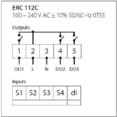 ERC 112C 100 - 240 V AC ± 10% 50/60 Hz 0T55 Outputs 1 2 3 4 5 DO1 L N DO2 DO3 Inputs S1 S2 S3 S4 di