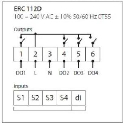 ERC 112D 100 - 240 V AC ± 10% 50/60 Hz 0T55 Outputs 1 2 3 4 5 6 DO1 L N DO2 DO3 DO4 Inputs S1 S2 S3 S4 di