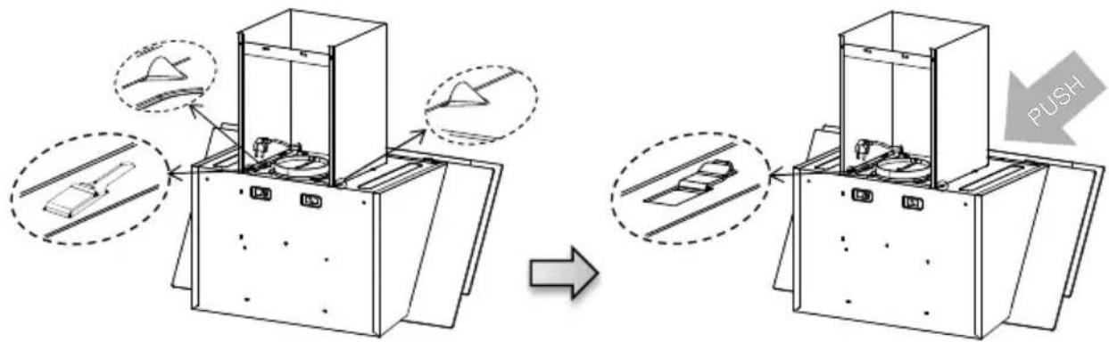 Technical diagram illustrating a mechanical assembly process with labeled components and directional arrow indicating 'PUSH'