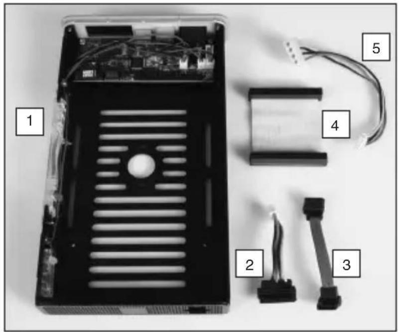 Labeled diagram of an electronic device showing internal components including a circuit board, connectors, and cable.