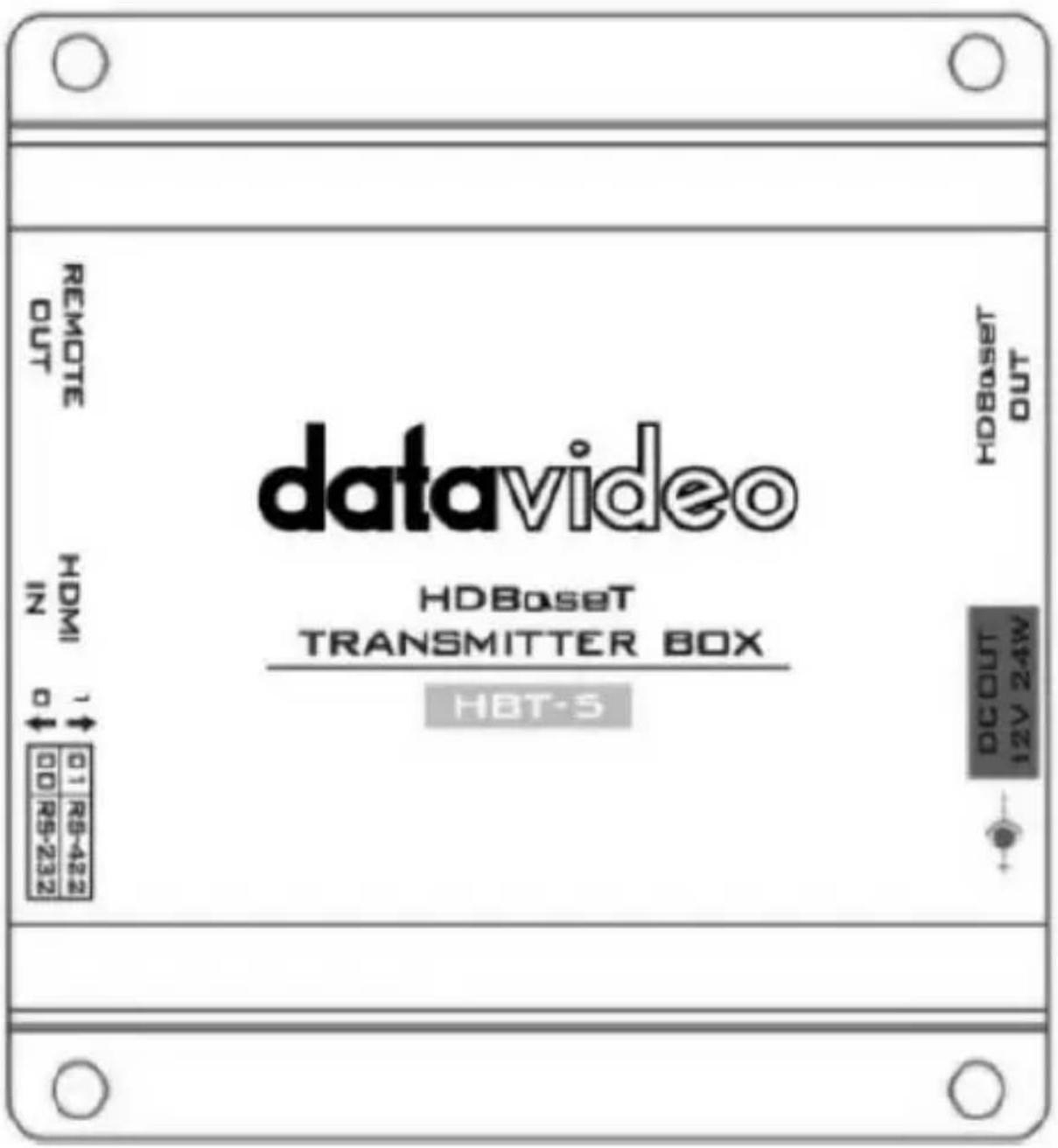 datavideo HDBoset TRANSMITTER BOX HBT-5 REMOTE OUT HDMI IN 0↓ 01 RS-432 00 RS-232 HDBoset OUT DCOUT 12V 24W
