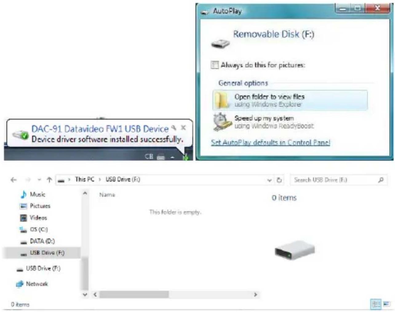 AutoPlay Removable Disk (F:) Always do this for pictures: General options Open folder to view files using Windows Explorer Speed up my system using Windows ReadyBoost Set AutoPlay defaults in Control Panel DAC-91 Datavideo FW1 USB Device Device driver software installed successfully. This PC > USB Drive (F:) Search USB Drive (F:) Music Pictures Videos OS (C:) DATA (D:) USB Drive (F:) USB Drive (F:) Network 0 items Name This folder is empty. 0 items