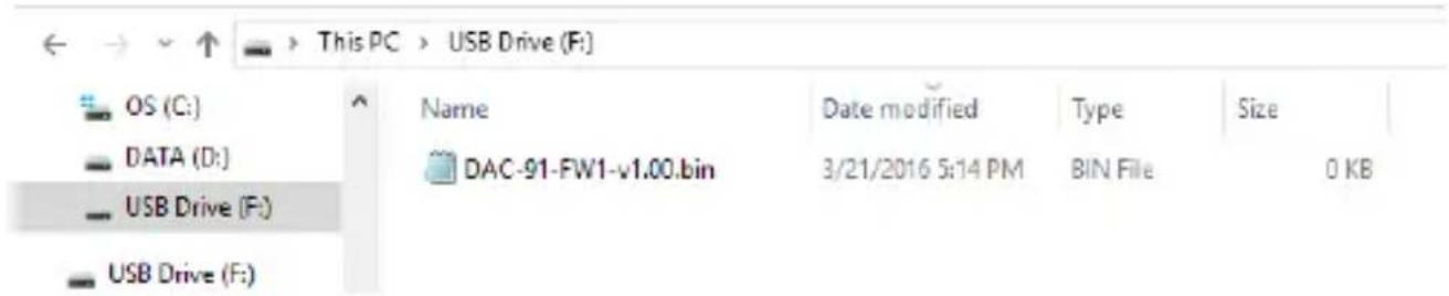 This PC > USB Drive (F:) OS (C:) DATA (D:) USB Drive (F:) USB Drive (F:) Name Date modified Type Size DAC-91-FW1-v1.00.bin 3/21/2016 5:14 PM BIN File 0 KB