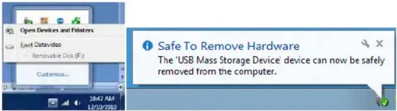 Open Devices and Printers Eject Data/video - Removable Disk (F:) Customize... i Safe To Remove Hardware The 'USB Mass Storage Device' device can now be safely removed from the computer.