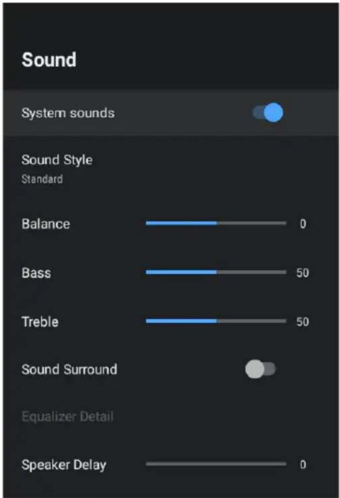 Sound System sounds Sound Style Standard Balance 0 Bass 50 Treble 50 Sound Surround Equalizer Detail Speaker Delay 0