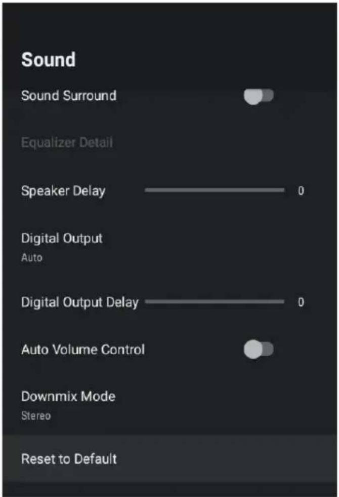 Sound Sound Surround Equalizer Detail Speaker Delay 0 Digital Output Auto Digital Output Delay 0 Auto Volume Control Downmix Mode Stereo Reset to Default