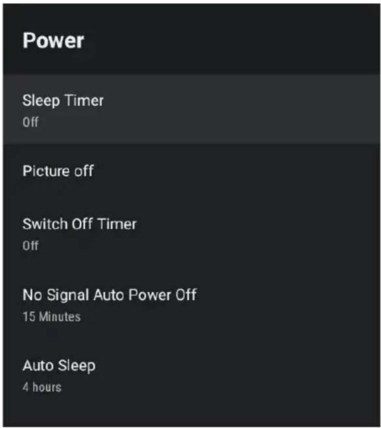 Power Sleep Timer Off Picture off Switch Off Timer Off No Signal Auto Power Off 15 Minutes Auto Sleep 4 hours