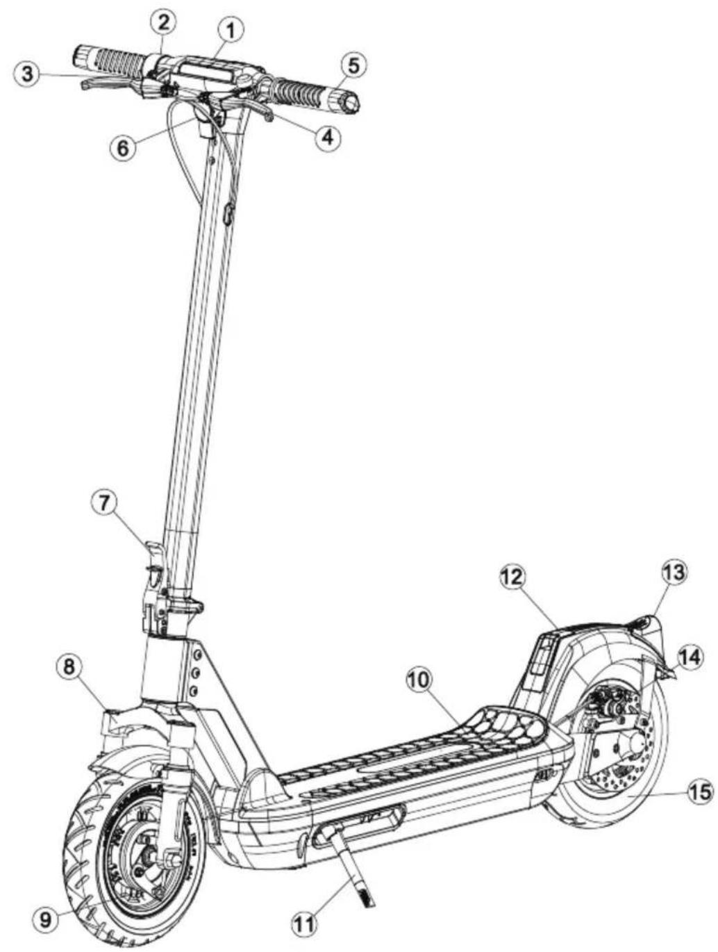 Technical diagram of an electric scooter with numbered components for identification and assembly reference.