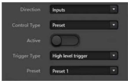 Direction Inputs Control Type Preset Active Trigger Type High level trigger Preset Preset 1