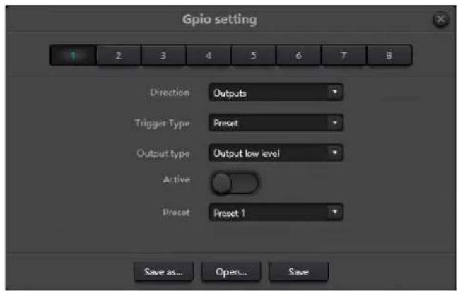 GPIO setting Direction Outputs Trigger Type Preset Output type Output low level Active Preset Preset 1 Save as... Open... Save