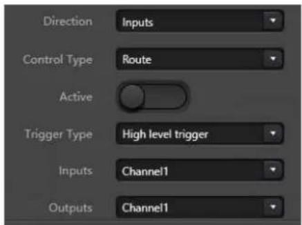 Direction Inputs Control Type Route Active Trigger Type High level trigger Inputs Channel1 Outputs Channel1