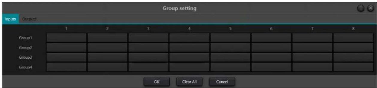 Group setting Inputs Outputs 1 2 3 4 5 6 7 8 Group1 Group2 Group3 Group4 OK Clear All Cancel