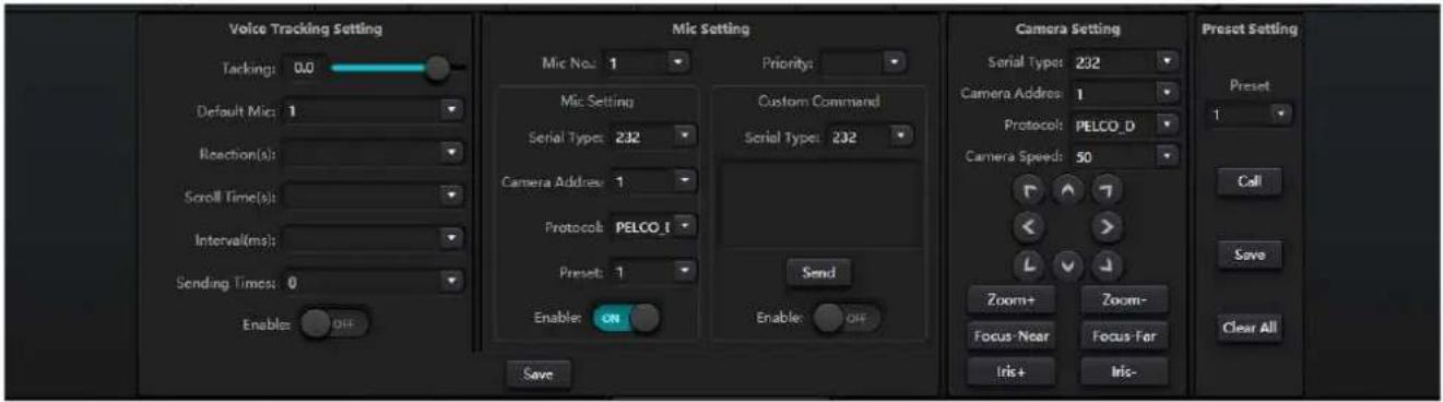 Voice Tracking Setting Tackings: 0.0 Default Mix: 1 Reaction(s): Scroll Time(s): Interval(ms): Sending Times: 0 Enable: OFF Mic Setting Mic No: 1 Priority: Mic Setting Serial Types: 232 Camera Address: 1 Protocol: PELCO_I Preset: 1 Send Enable: ON Custom Command Serial Types: 232 Camera Setting Serial Type: 232 Camera Address: 1 Protocol: PELCO_D Camera Speed: 50 Zoom+ Zoom- Focus-Near Focus-Far Iris+ Iris- Preset Setting Preset 1 Call Save Clear All Save