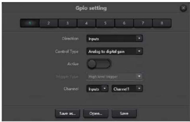 GPIO setting Direction Inputs Control Type Analog to digital gain Active Trigger Type High level trigger Channel Inputs Channel1 Save as... Open... Save