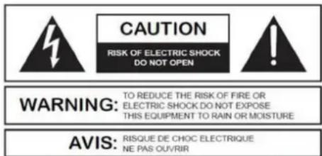 CAUTION RISK OF ELECTRIC SHOCK DO NOT OPEN WARNING: TO REDUCE THE RISK OF FIRE OR ELECTRIC SHOCK DO NOT EXPOSE THIS EQUIPMENT TO RAIN OR MOISTURE AVIS: RISQUE DE CHOC ELECTRIQUE NE PAS OUVRIR