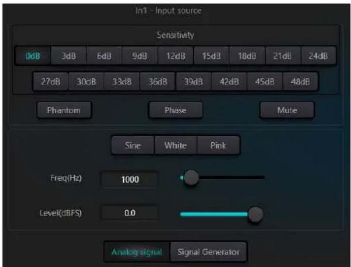 In1 - Input source Sensitivity 0dB 3dB 6dB 9dB 12dB 15dB 18dB 21dB 24dB 27dB 30dB 33dB 36dB 39dB 42dB 45dB 48dB Phantom Phase Mute Sine White Pink Freq(Hz) 1000 Level(dBFS) 0.0 Analog signal Signal Generator