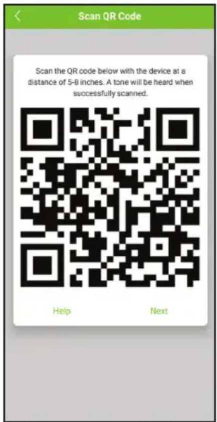 Scan QR Code Scan the QR code below with the device at a distance of 5-8 inches. A tone will be heard when successfully scanned. Help Next