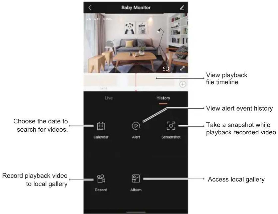 Baby Monitor 2021-06-01 15:00:00 SD View playback file timeline Choose the date to search for videos. Record playback video to local gallery Record History Calendar Alert Screenshot Access local gallery View alert event history Take a snapshot while playback recorded video