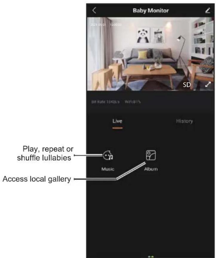 Baby Monitor 2021-04-01 15:00:00 SD Bit Rate: 16 KB/s WiFi81% Live History Play, repeat or shuffle lullabies Music Album Access local gallery