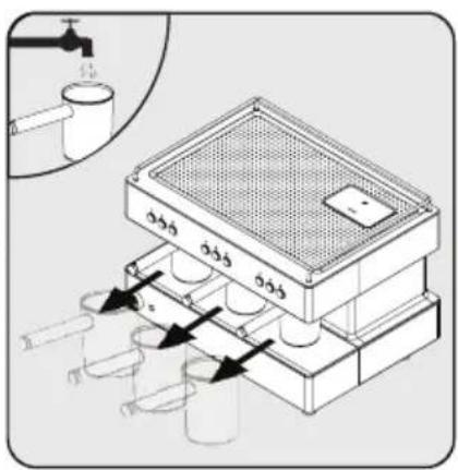 Technical diagram showing a multi-tiered industrial or filtration unit with labeled components and flow arrows indicating process steps.