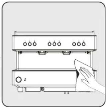 Line drawing of a hand cleaning a device with a handle (no text or symbols)