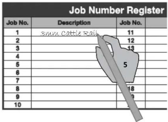 Job Number Register Job No. Description Job No. 1 3mm Cattle Rail 11 2 12 3 13 4 5 5 6 7 8 18 9 2 10 3
