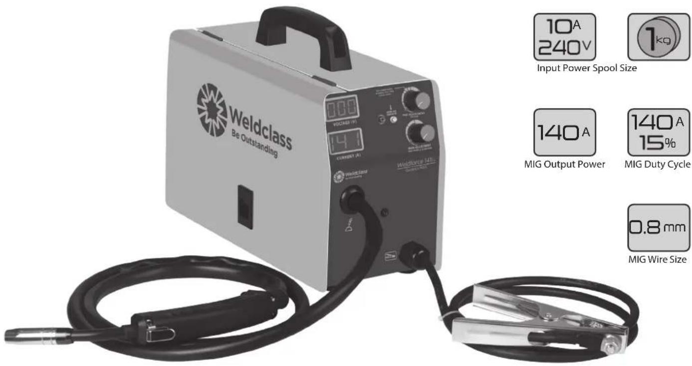Weldclass Be Outstanding 10A 240V Input Power Spool Size 1kg 140A MIG Output Power 140A 15% MIG Duty Cycle 0.8 mm MIG Wire Size