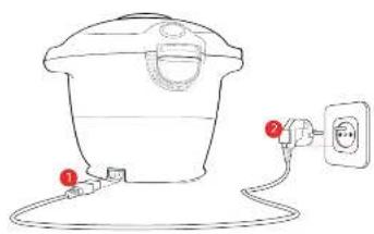 Line drawing of a portable water heater with two labeled connectors (no text or symbols)