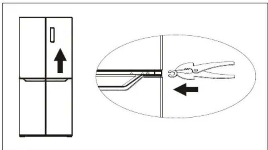 Diagram showing a refrigerator with an upward arrow and a hand holding a tool, alongside a magnified view of the interior mechanism.