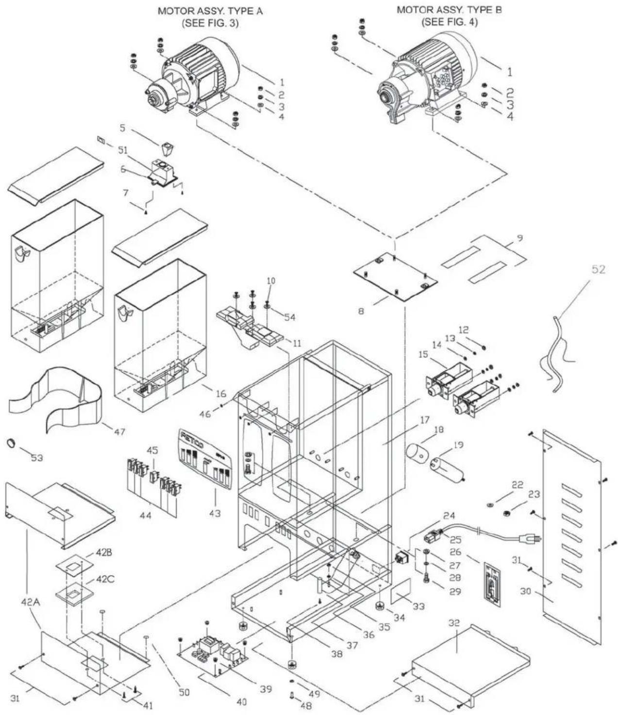 MOTOR ASSY. TYPE A (SEE FIG. 3) MOTOR ASSY. TYPE B (SEE FIG. 4) 1 2 3 4 5 51 6 7 8 9 52 10 54 11 14 12 15 17 18 19 22 23 24 25 26 27 28 29 30 31 32 33 34 35 36 37 38 39 40 41 42A 42B 42C 43 44 45 46 47 50 51