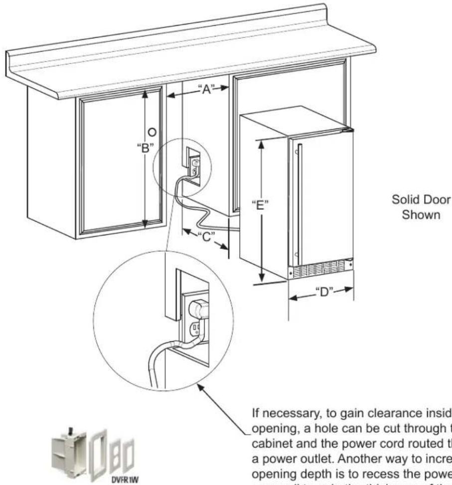"A" "B" O C" "E" D" Solid Door Shown If necessary, to gain clearance inside opening, a hole can be cut through t cabinet and the power cord routed th a power outlet. Another way to incre opening depth is to recess the power on the third level of the DVFR1W