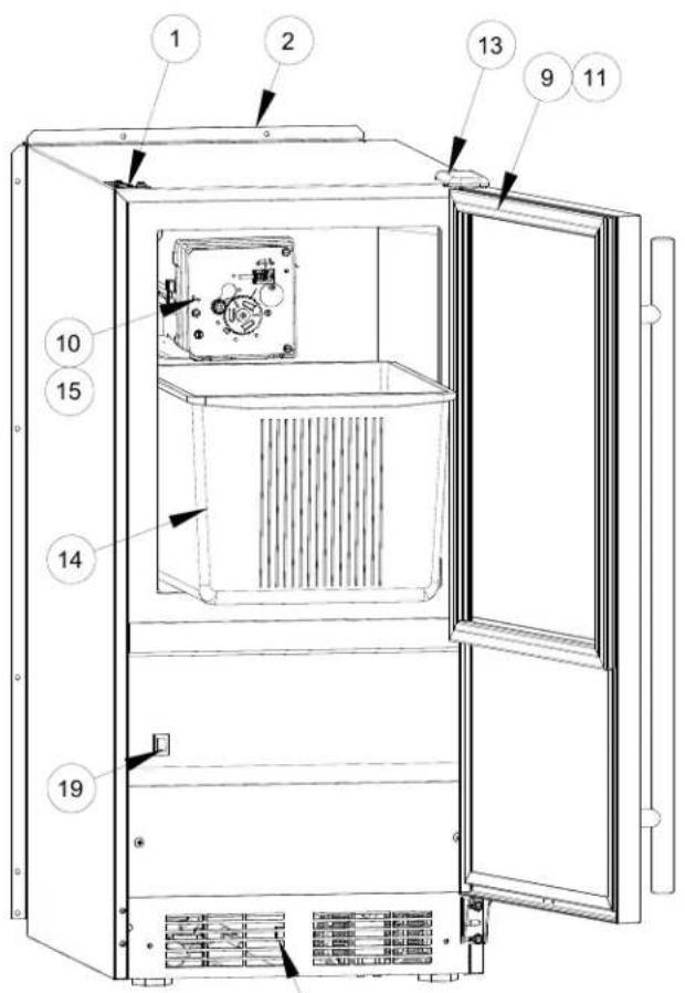 Technical diagram of an open refrigerator with numbered components for identification